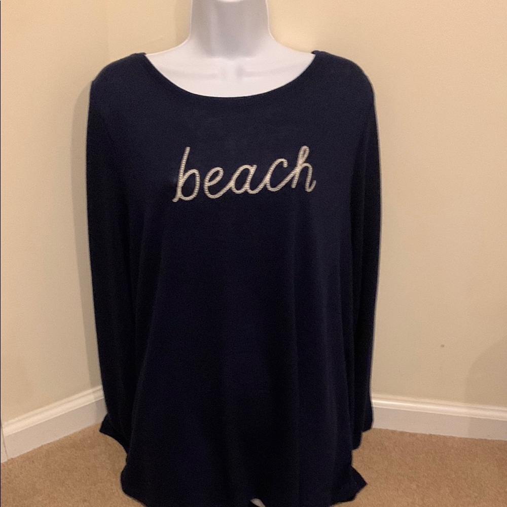 Navy “Beach” Top with Cream Letters in XL by belle Beach